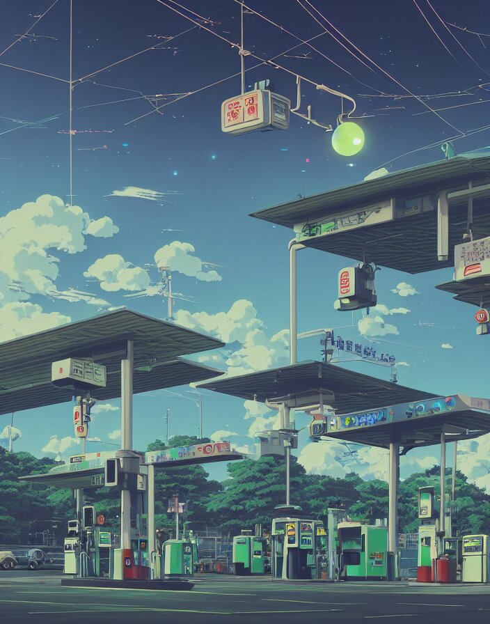 Lexica STUDIO GHIBLI, gas station, in a flying city, solar, green technology, optimist future