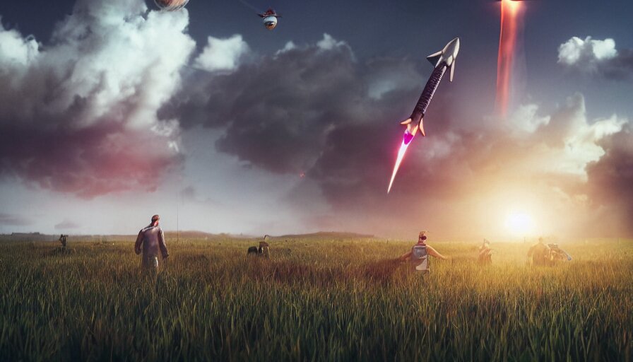 Lexica - Rocket launching in grassy field, bright, colorful clouds ...