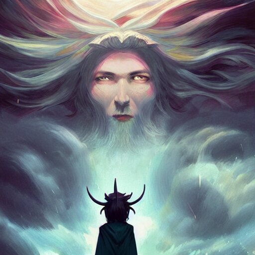 a slender wizard with horned mask levitating inside a wind twist ...