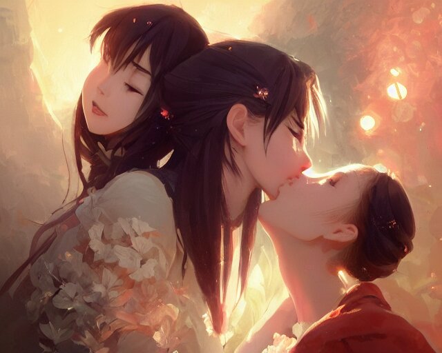 portrait of two girls kissing, anime, drawn by WLOP,, Stable Diffusion