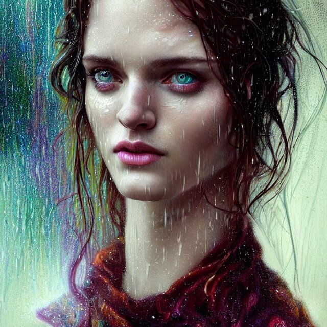 Lexica – Bright portrait LSD rain on face and wet hair, diffuse ...