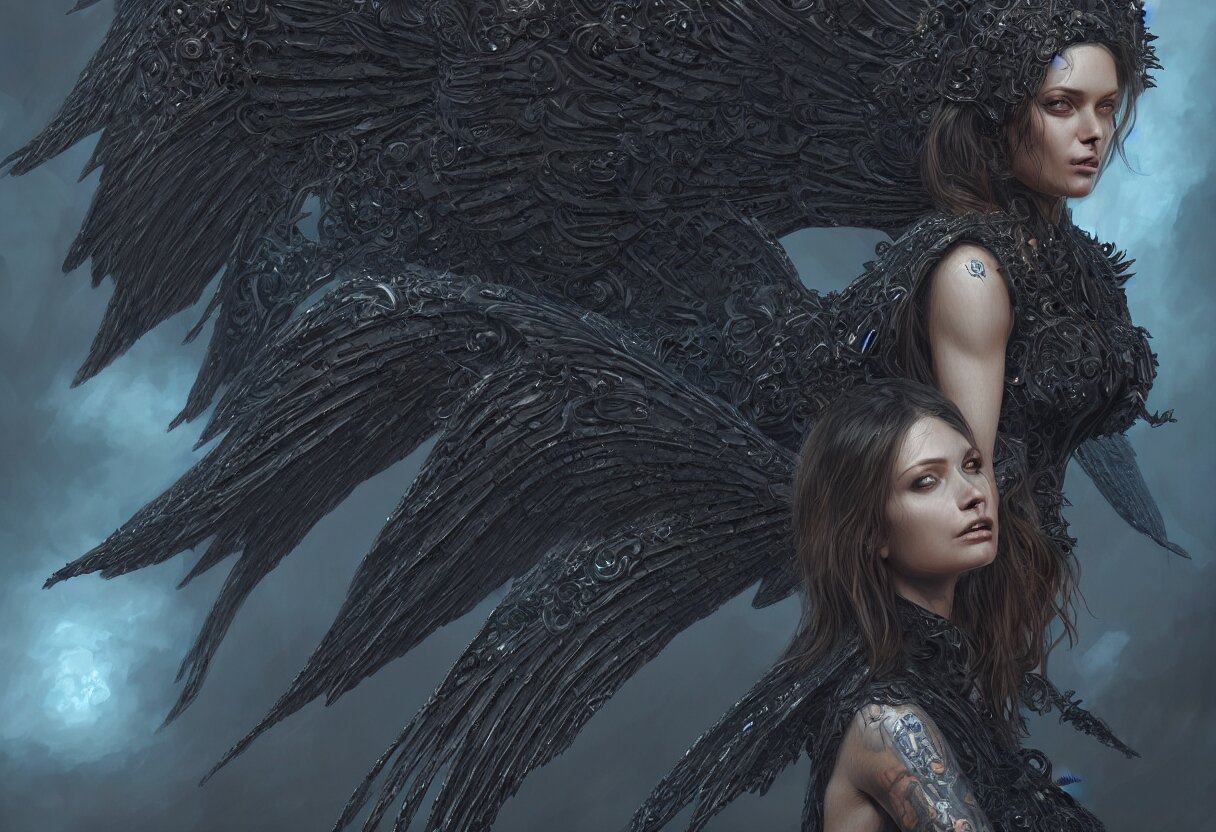 Lexica - Detailed portrait of a big dark angel spread wings, diffuse ...