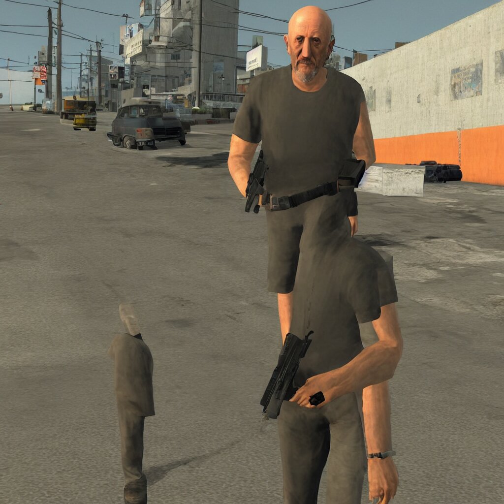 prompthunt: Mike Ehrmantraut in Los Santos, screenshot from the PS2 version  of GTA San Andreas, orange sky, screenshot from 2004, low quality graphics