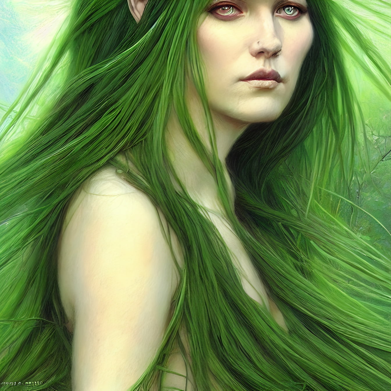 Lexica - A nature goddess long green hair - text, art by donato ...