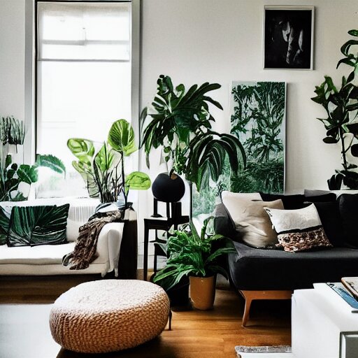 Lexica - A living room with plants and speakers and a painting on the ...