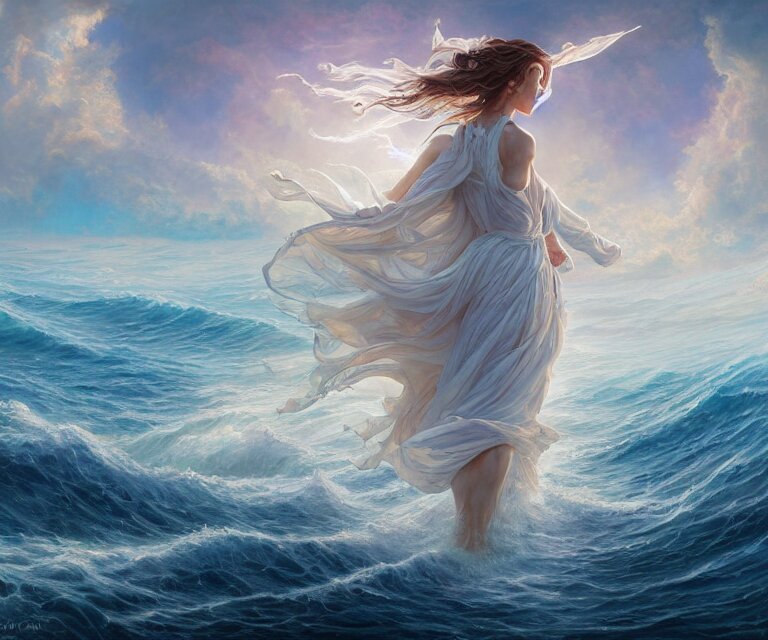 Lexica - Beautiful woman in white dress walking over the ocean, a giant ...