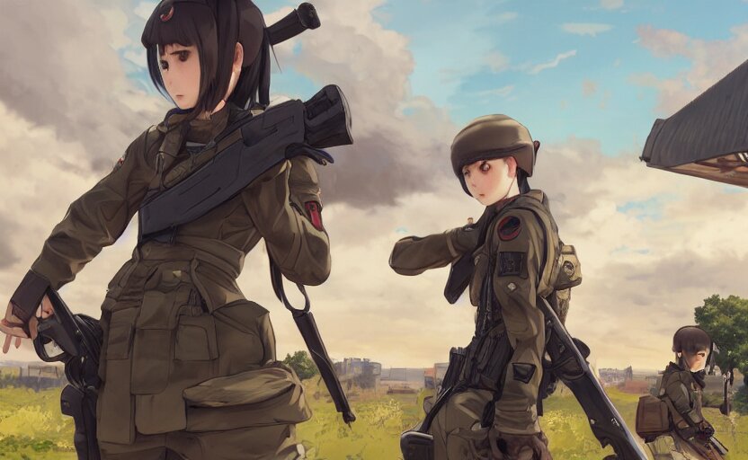 Lexica - Panoramic view, girl, soldier clothing, battlefield in ...