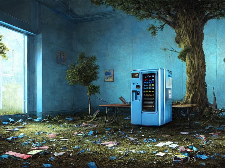 Lexica - Close up of a vending machine in ruins of an abandoned office ...