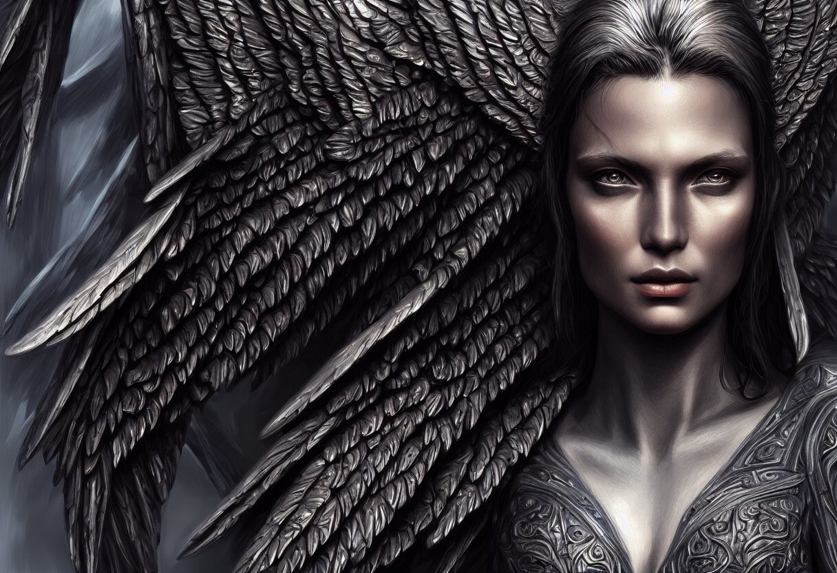 Lexica - Detailed portrait of a big dark angel spread wings, diffuse ...