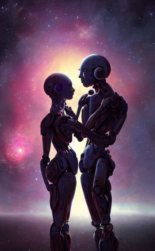 Lexica - Digital painting of two humanoid robots hugging each other ...