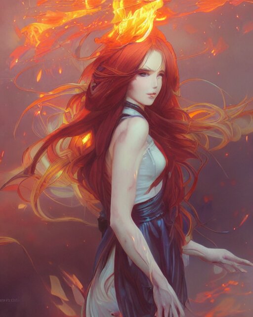 Lexica - Beautiful long haired anime girl, fire dress, flames ...