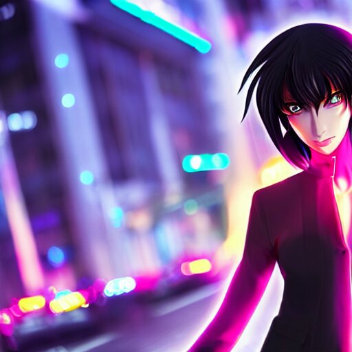 Lelouch Lamperouge in a neon city, octane render 8k,, Stable Diffusion