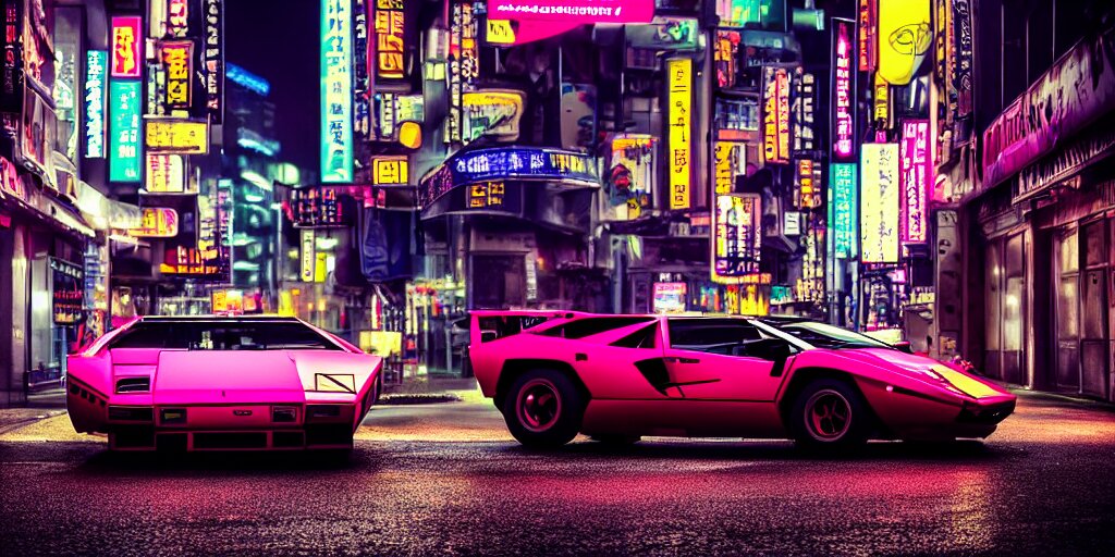 Lexica - Photo lamborghini countach parked in a rainy neo tokyo street at  night with neon light signs illuminating the scene, moody, hdr, 4 k
