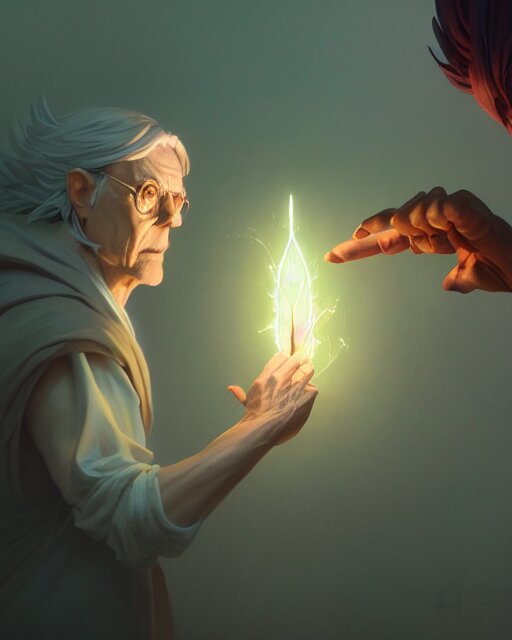 highly detailed vfx portrait of an old mage casting a light spel ...