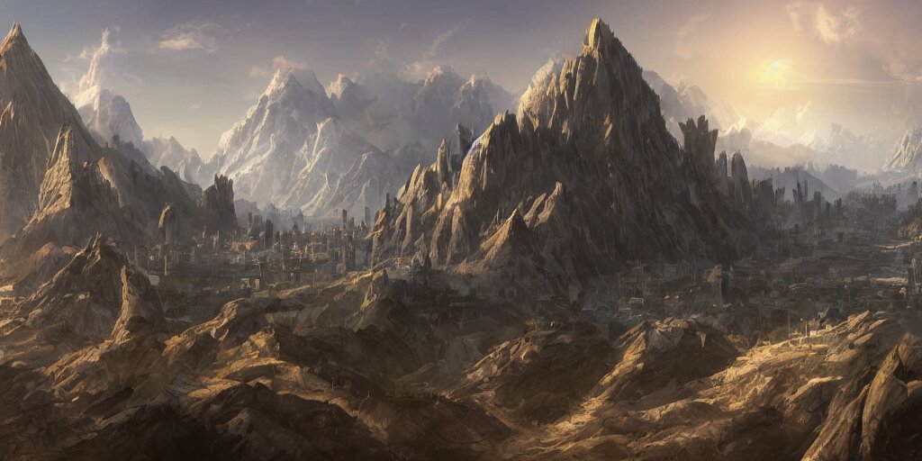 Lexica - Landscape view of a mountain with a huge city at the top ...