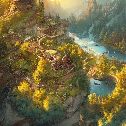 a birds eye view overlooking an ancient fantasy city surrounded ...