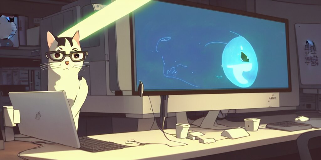 Lexica - A nerdy cat in a hoodie is programming at a computer in a room ...