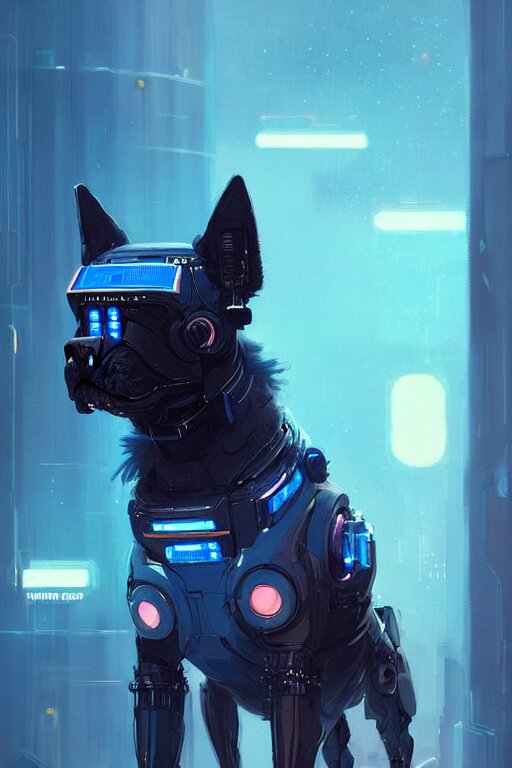 Lexica - A beautiful portrait of a cute cyberpunk dog with blue tinted ...