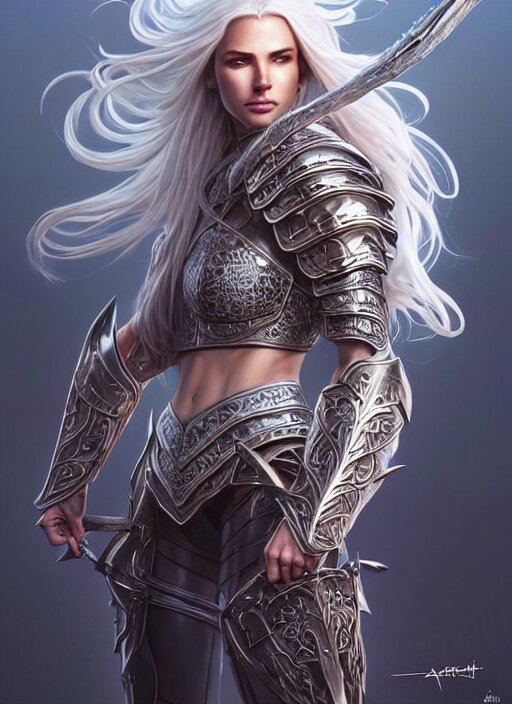 Lexica - Opal leather armor!!! long wild white hair!! covered chest ...