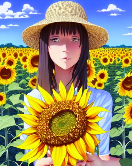 anime girl wearing straw hat holding a sunflower