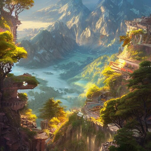 a birds eye view overlooking an ancient fantasy city surrounded ...