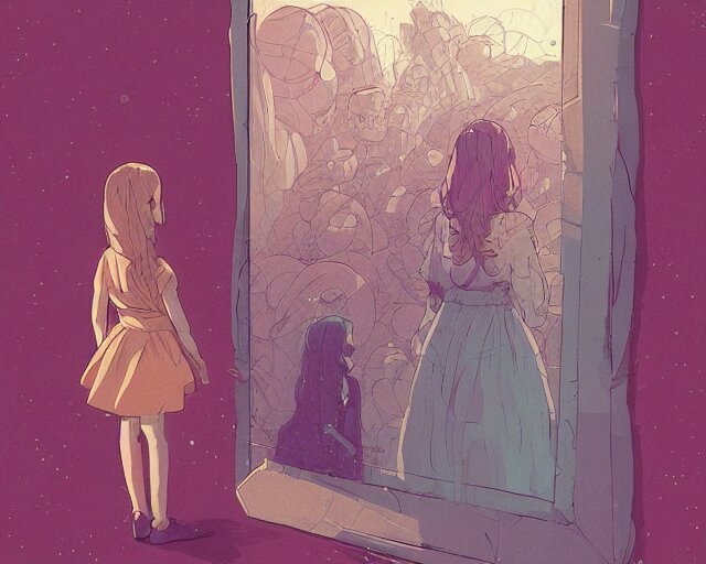 Lexica - A cell shaded cartoon of a girl in dress looking at the mirror ...