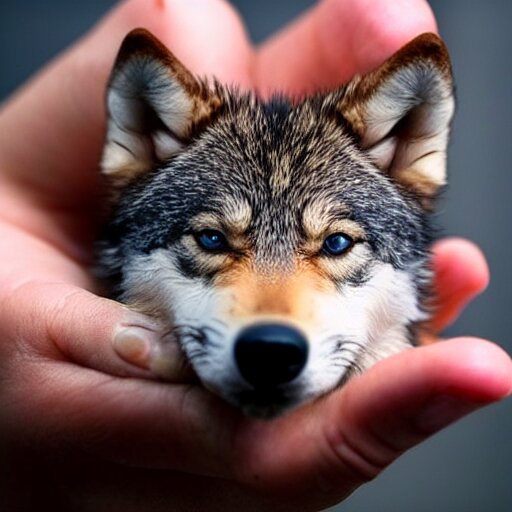 Lexica - Photo of a tiny pet wolf in the palm of a hand