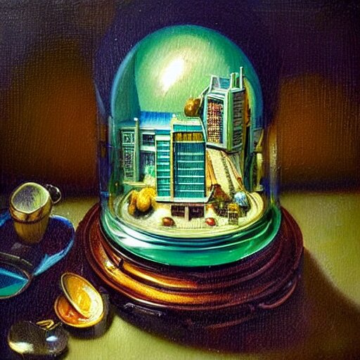 still life painting of a miniature tabletop art deco city under