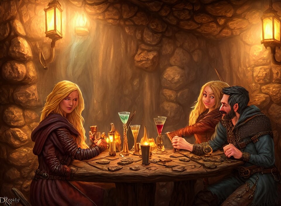 Lexica - A beautiful adventuring couple drinking, dimly-lit cozy tavern ...