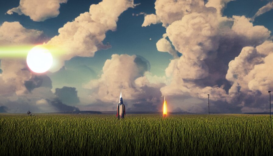 Lexica - Rocket launching in grassy field, bright, colorful clouds ...