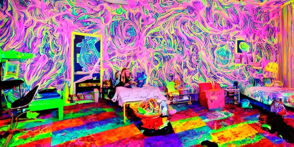 Lexica - A cluttered psychedelic 90s room with a blacklight and glowing ...