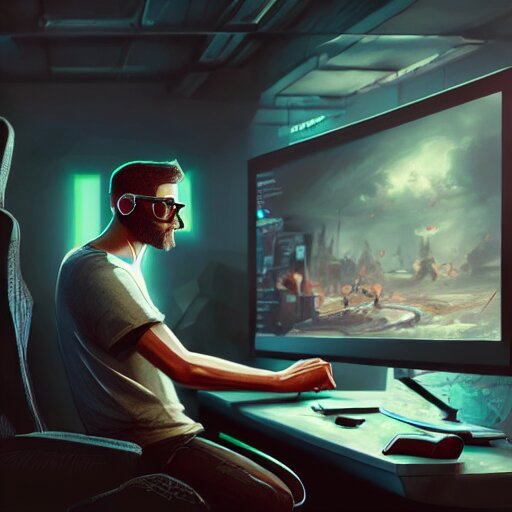 Lexica - Realistic man using pc in gaming room, artstation trends, sci ...