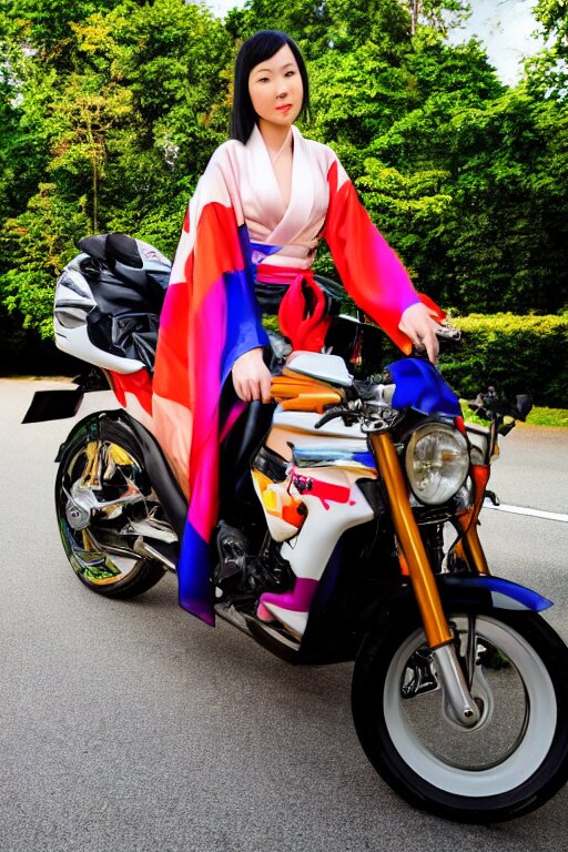 Lexica - Full - length photo, young woman, riding a motorcycle, wearing ...