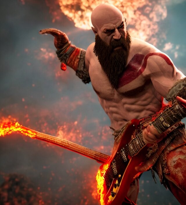 prompthunt: kratos shredding on a flaming stratocaster guitar