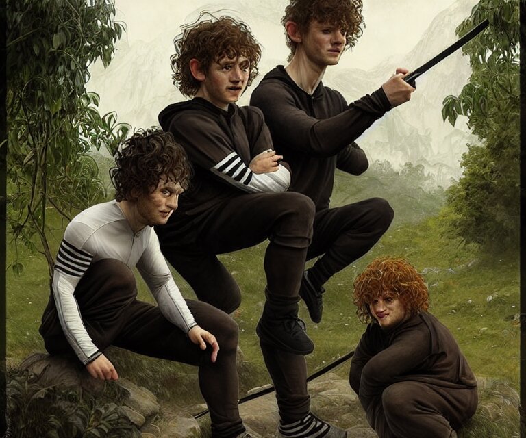 Lexica - Portrait three hobbits as squatting slavs in black adidas ...