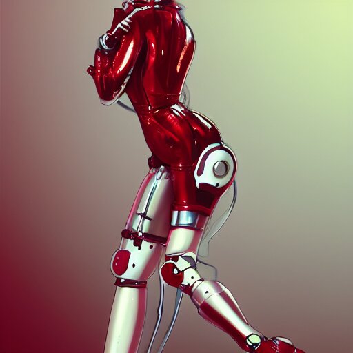 prompthunt: girl wearing robotic suit, high detail, back view, tight suit,  nurse's leather suit, in red velvet stockings, red bra, high shoes, full  length, very anime, fine - face, audrey plaza, realistic