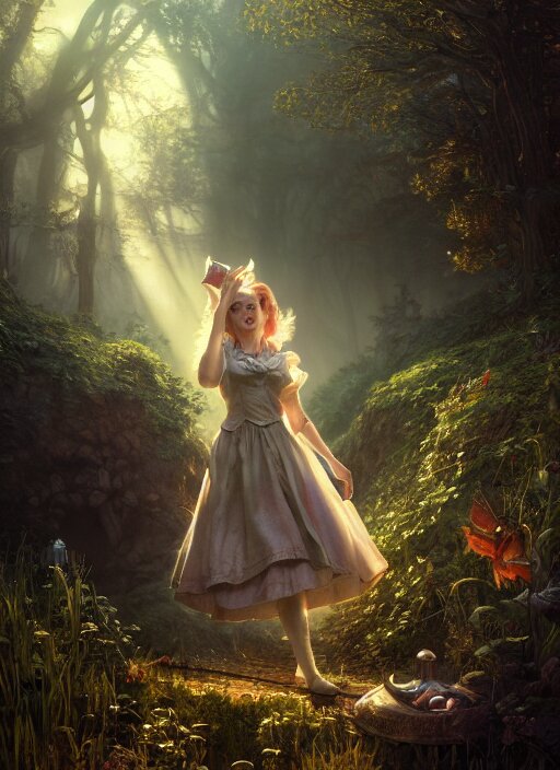 Lexica - Alice falling down the rabbithole to wonderland, mist, sunrays ...