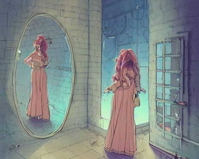 Lexica - A cell shaded cartoon of a girl in dress looking at the mirror ...
