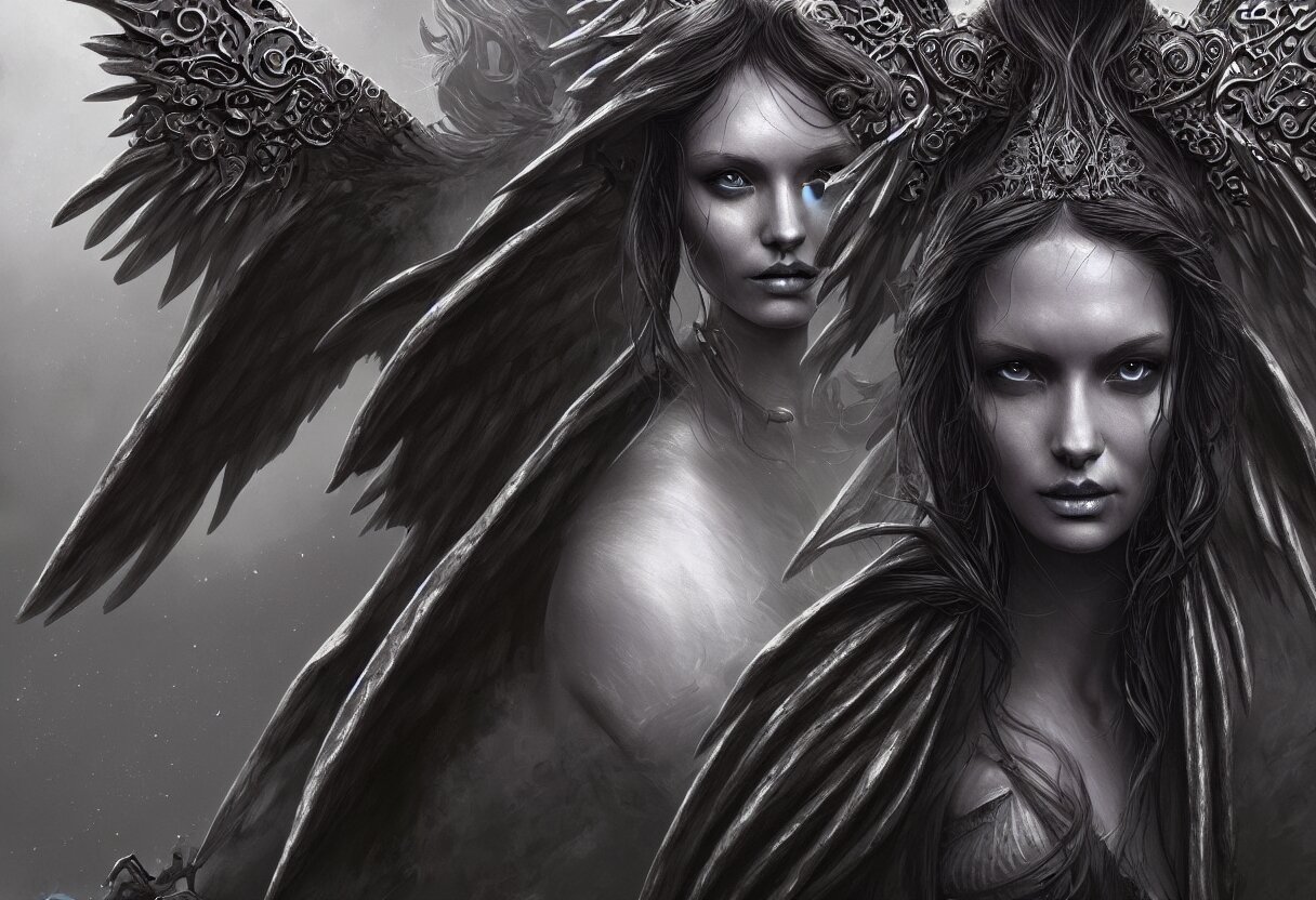 Lexica - Detailed portrait of a big dark angel spread wings, diffuse ...