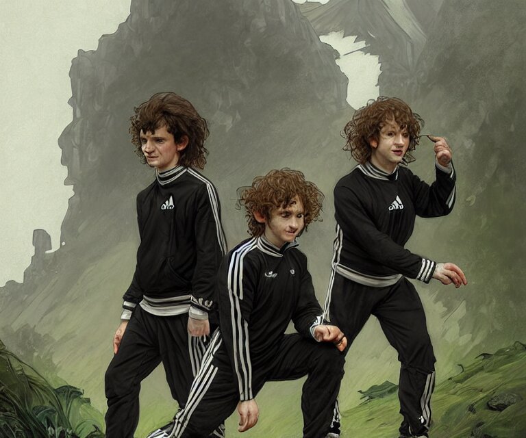 Lexica - Portrait three hobbits as squatting slavs in black adidas ...
