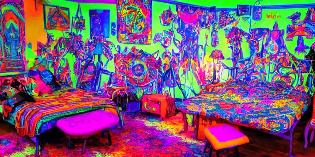 a cluttered psychedelic 90s room with a blacklight and glowing f ...