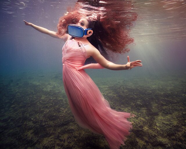 Lexica - Beautiful female portrait, full body, diver in long flowy dress,  underwater, cinematic volumetric lighting, soft bokeh, glow, 8 k, by wlop,  ...
