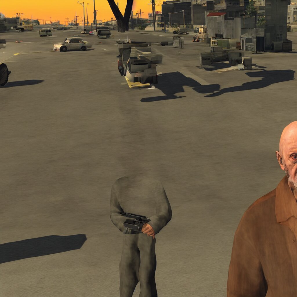 prompthunt: Mike Ehrmantraut in Los Santos, screenshot from the PS2 version  of GTA San Andreas, orange sky, screenshot from 2004, low quality graphics