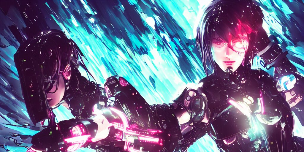 prompthunt: full digital cyberpunk anime!!, shattered cyborg - girl in the  style of arcane!!!, lightning, raining!!, water refractions!!, black long  hair!, biomechanical details, neon background lighting, reflections, wlop,  ilya kuvshinov, artgerm