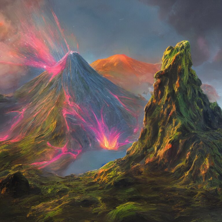Lexica - A painting of a volcano from which come out flowers and stars ...