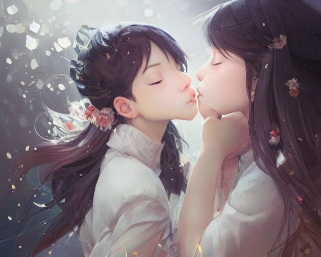 portrait of two girls kissing, anime, drawn by WLOP,, Stable Diffusion