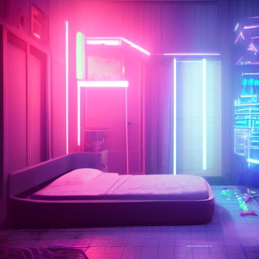 « Inside A Girl Room, Cyberpunk Vibe, Neon Glowing Lights, Sharp 