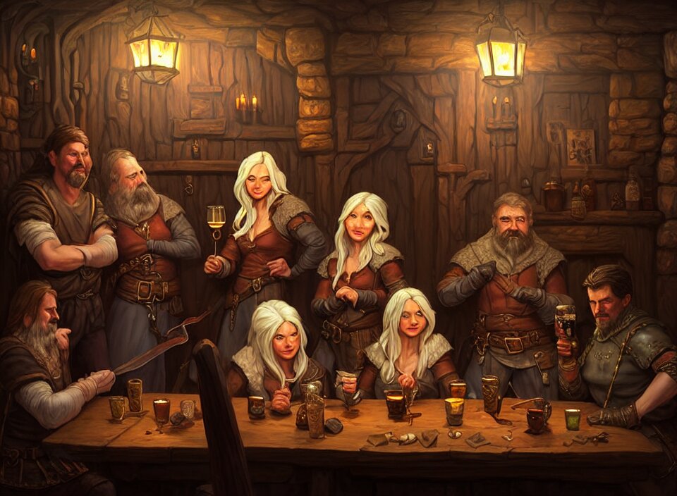 Fantasy scene in a dimly lit tavern with a dragon-like figure and an