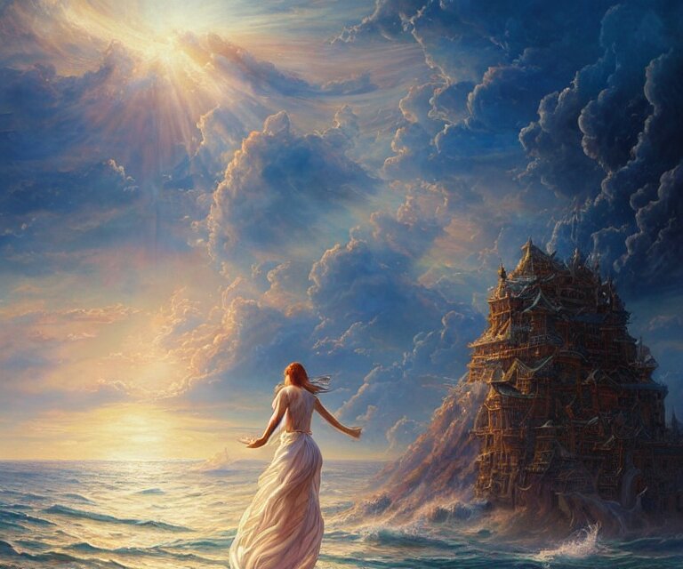 Lexica - Beautiful woman in white dress walking over the ocean, a giant ...