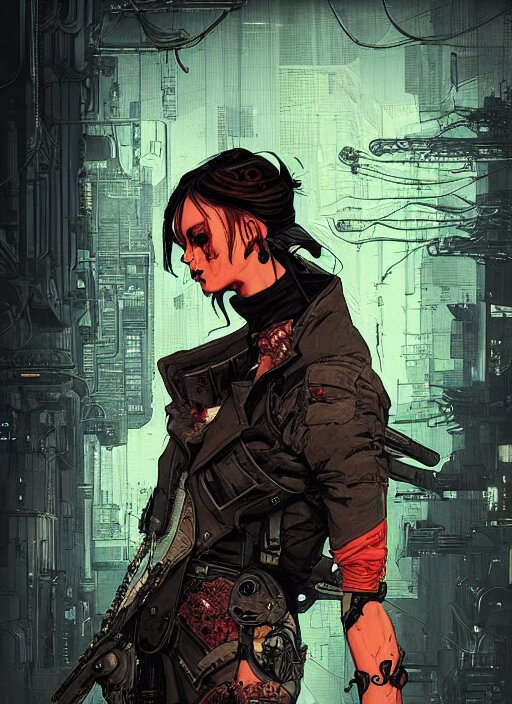Lexica Cyberpunk assassin. codename butcher. portrait by ashley wood and alphonse mucha and